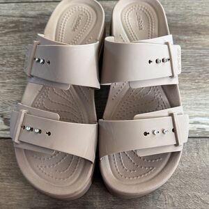 CROCS Blush Pink Double-Strap Slide Sandals with Rhinestones